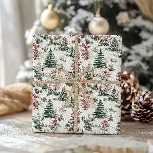 Vintage Christmas Toile Victorian Red Tree Holiday Wrapping Paper