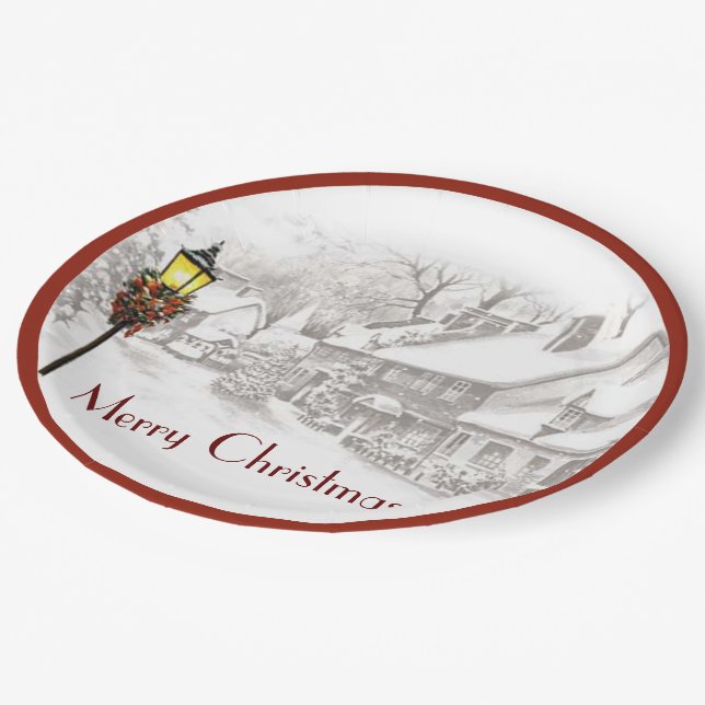 Vintage Christmas Town Paper Plates (Angled)