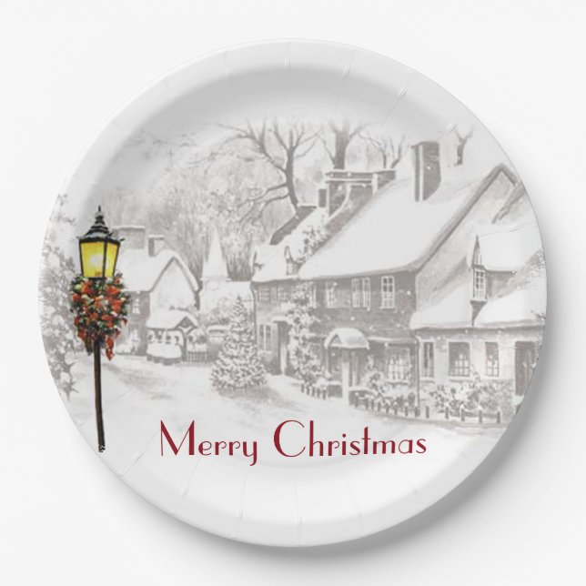 Vintage Christmas Town Paper Plates (Front)