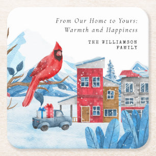 VINTAGE CHRISTMAS TOWN RED CARDINAL PERSONALIZED  SQUARE PAPER COASTER