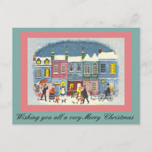 Vintage Christmas Town Scene in Pink and Green Holiday Postcard