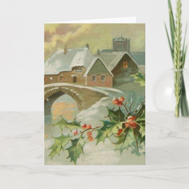 Vintage Christmas Town with Holly Holiday Card (Front)