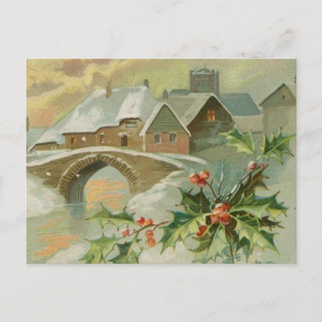 Vintage Christmas Town with Holly Holiday Postcard (Front)