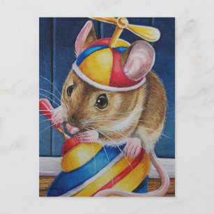Vintage Christmas Toy Mouse on Top Watercolor Art Postcard