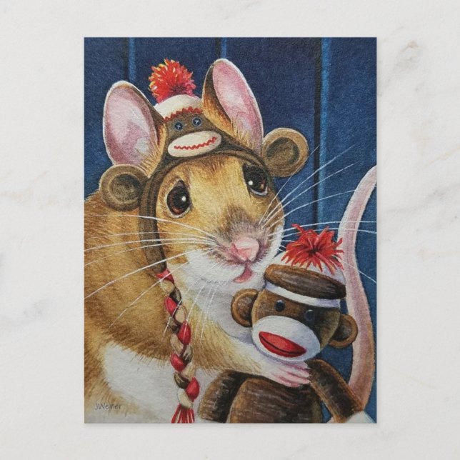 Vintage Christmas Toy Sock Monkey Mouse Art Postcard (Front)