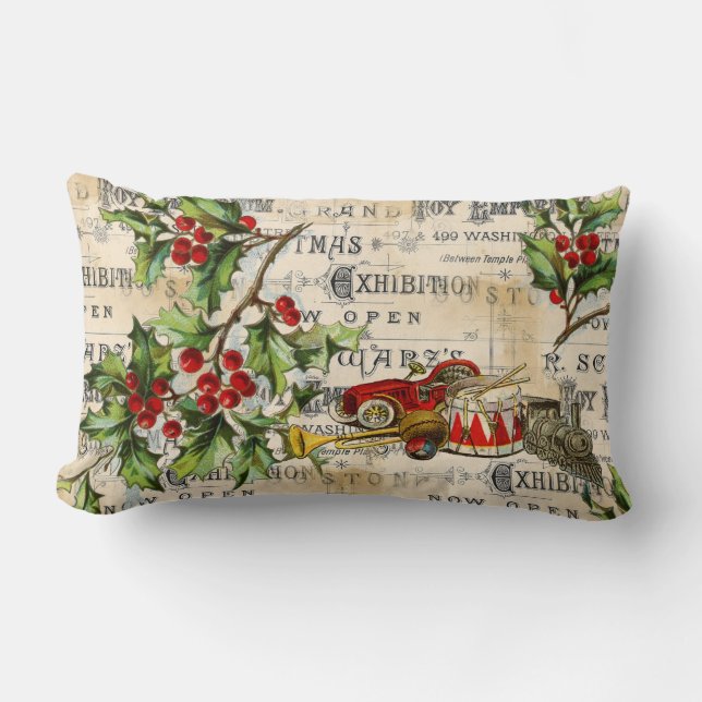 Vintage Christmas Toys and Holly Lumbar Pillow (Front)