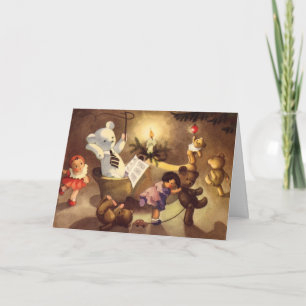 Vintage Christmas Toys, Dancing Dolls, Teddy Bears Holiday Card