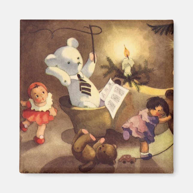 Vintage Christmas Toys, Dancing Dolls, Teddy Bears Magnet (Front)