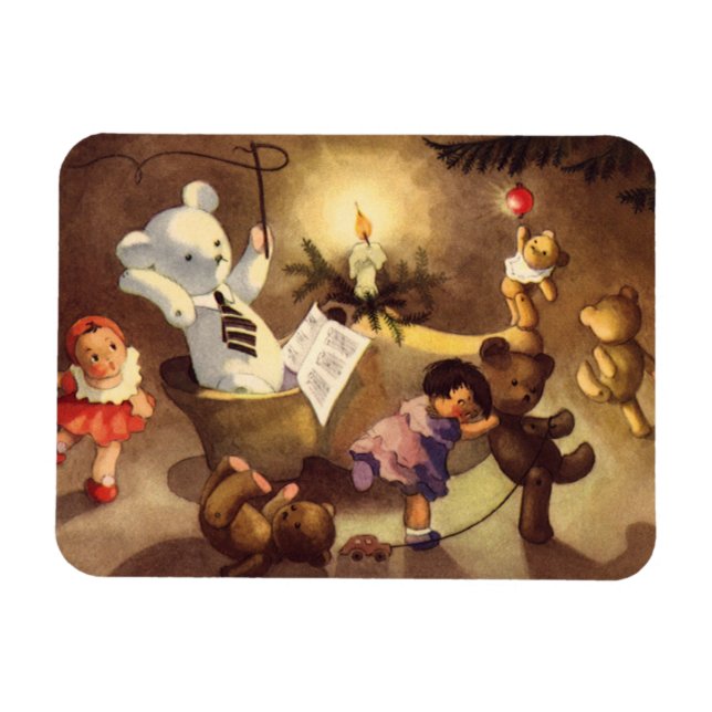 Vintage Christmas Toys, Dancing Dolls, Teddy Bears Magnet (Horizontal)