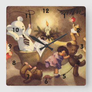 Vintage Christmas Toys, Dancing Dolls, Teddy Bears Square Wall Clock