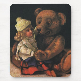 Vintage Christmas Toys, Doll and a Teddy Bear Mouse Mat