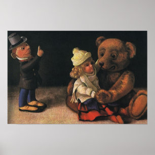 Vintage Christmas Toys, Doll and a Teddy Bear Poster