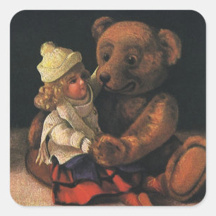 Vintage Christmas Toys, Doll and a Teddy Bear Square Sticker