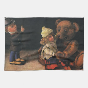 Vintage Christmas Toys, Doll and a Teddy Bear Tea Towel