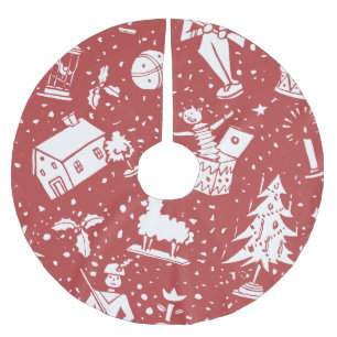 Vintage Christmas Toys Pattern on Retro Red Brushed Polyester Tree Skirt