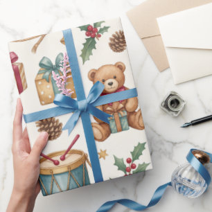 Vintage Christmas Toys Rocking Horse Teddy Bear Wrapping Paper