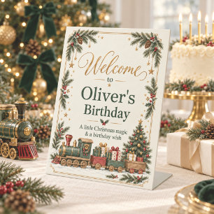 Vintage Christmas Train Birthday Tabletop Welcome Pedestal Sign