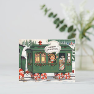 Vintage Christmas Train Elf Holiday Postcard