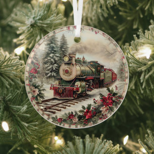 Vintage Christmas Train in Snowy Forest Glass Tree Decoration