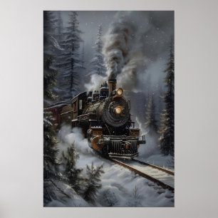 Vintage Christmas Train in Snowy Forest Winter Poster
