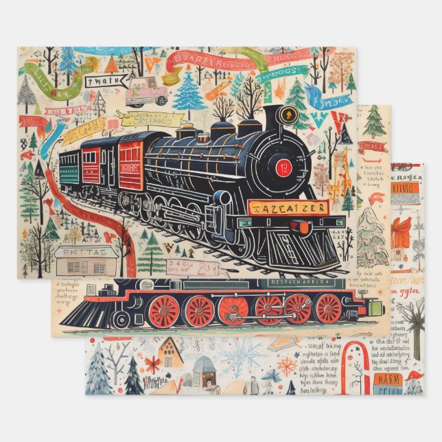 Vintage Christmas Train Lovers  Wrapping Paper Sheet (Set)
