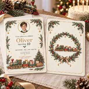 Vintage Christmas Train Photo Birthday Invitation