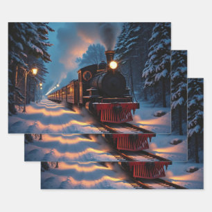 Vintage Christmas Train Snowy Night Watercolor Wrapping Paper Sheet