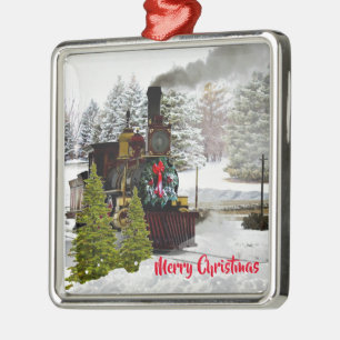 Vintage Christmas Train with Snow and Greeting Metal Tree Decoration