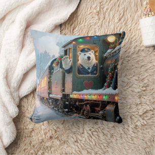 Vintage Christmas Train With Waving Polar Bear Cushion