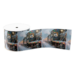 Vintage Christmas Train With Waving Polar Bear Grosgrain Ribbon