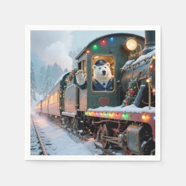 Vintage Christmas Train With Waving Polar Bear Napkin (Front)