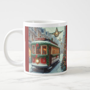Vintage Christmas Tram in Snowy Town Large Coffee Mug