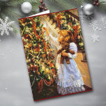 Vintage Christmas Tree and Girl Card<br><div class="desc">This is one of my favorite vintage Christmas images. It features a Victorian era girl dressed in white and holding her teddy bear placing the finishing touches on a glorious shining Christmas tree. Truly a beautiful fine art old-fashioned picture. The inside text of this card is customizable, so you may...</div>