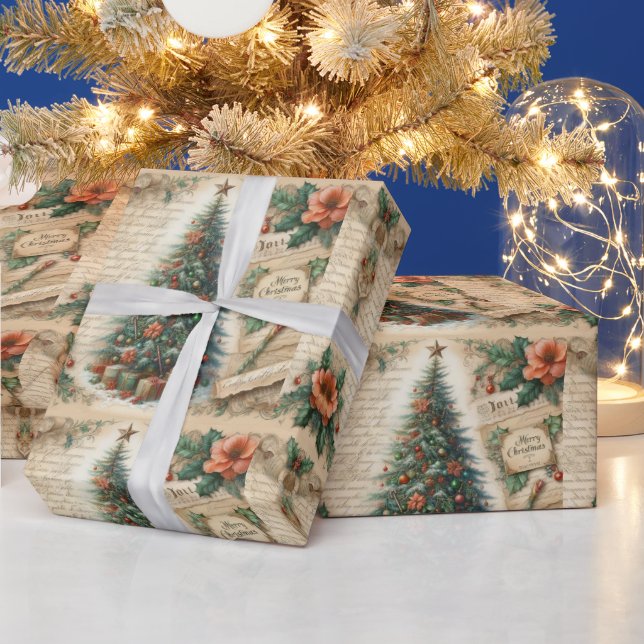 Vintage Christmas Tree and Script  Wrapping Paper (Holidays)