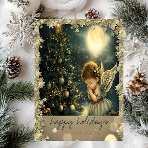 Vintage Christmas Tree Angel Stars Announcement Postcard
