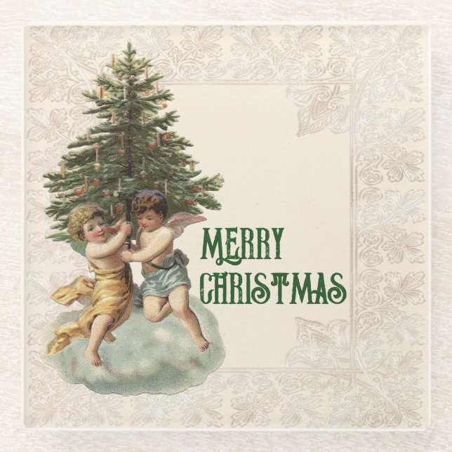 Vintage Christmas Tree & Angels Custom Glass Coaster (Front)