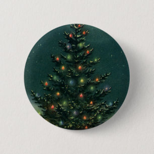 Vintage Christmas Tree at Night with Lights 6 Cm Round Badge