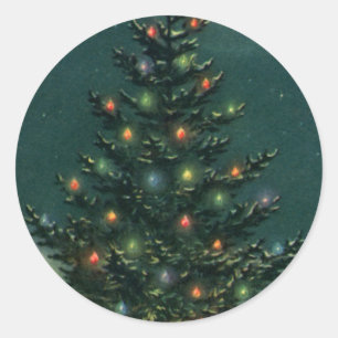 Vintage Christmas Tree at Night with Lights Classic Round Sticker