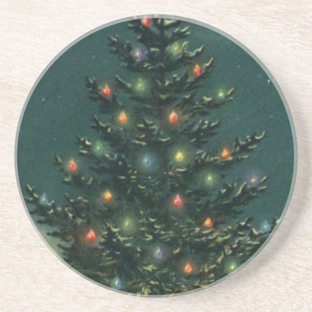 Vintage Christmas Tree at Night with Lights Coaster (Front)