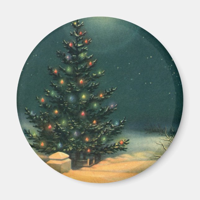 Vintage Christmas Tree at Night with Lights Magnet (Front)