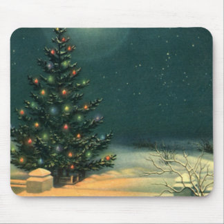 Vintage Christmas Tree at Night with Lights Mouse Mat