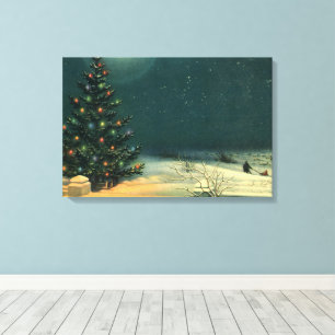 Vintage Christmas Tree at Night with Lights & Snow Canvas Print
