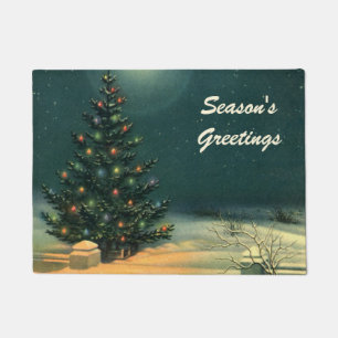 Vintage Christmas Tree at Night with Lights & Snow Doormat