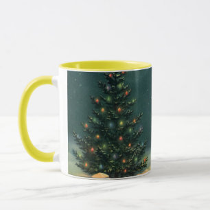 Vintage Christmas Tree at Night with Lights & Snow Mug