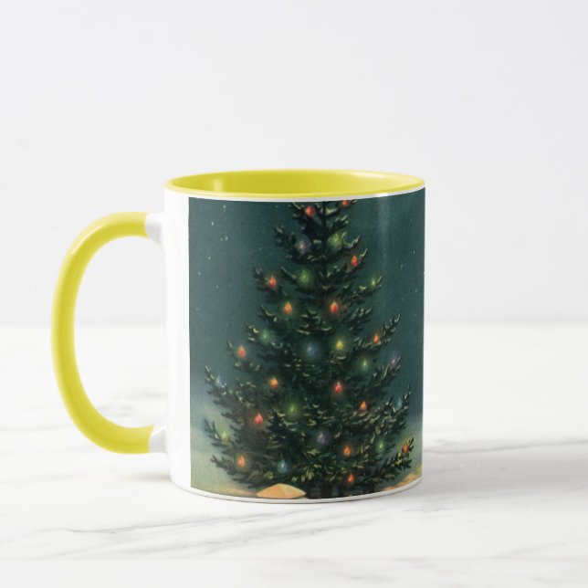 Vintage Christmas Tree at Night with Lights & Snow Mug (Left)