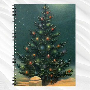 Vintage Christmas Tree at Night with Lights & Snow Notebook