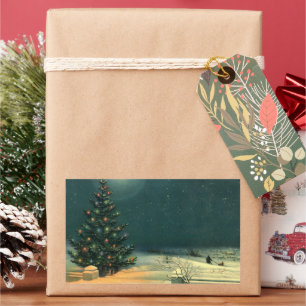 Vintage Christmas Tree at Night with Lights & Snow Rectangular Sticker
