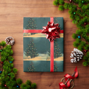 Vintage Christmas Tree at Night with Lights Wrapping Paper