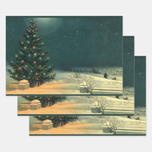 Vintage Christmas Tree at Night with Lights Wrapping Paper Sheet