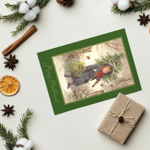 Vintage Christmas Tree Baby Girl Green Holiday Postcard